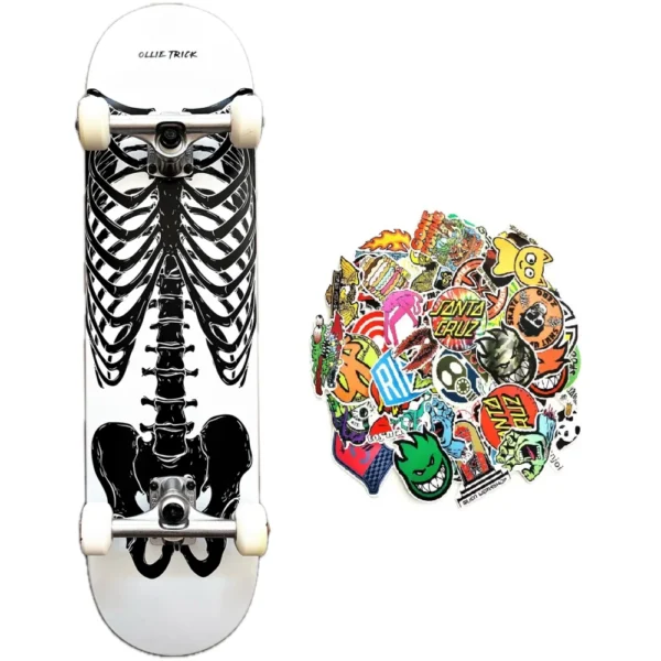 Skateboard professionale montato a mano Ollie Trick SKELETON WHITE + 20 stickers free - immagine 2