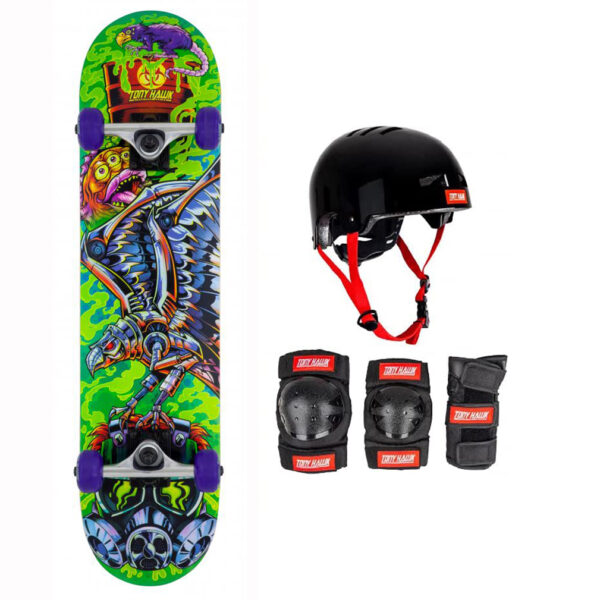 TONY HAWK SKATEBOARD COMPLETO TOXIC 7.5" PROFESSIONALE Avanzato e SET PROTEZIONI  CASCO