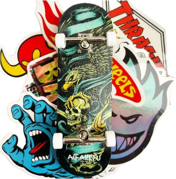 FINGER SKATE PROFESSIONALE hawk & skull deck in legno e 20 stickers skate