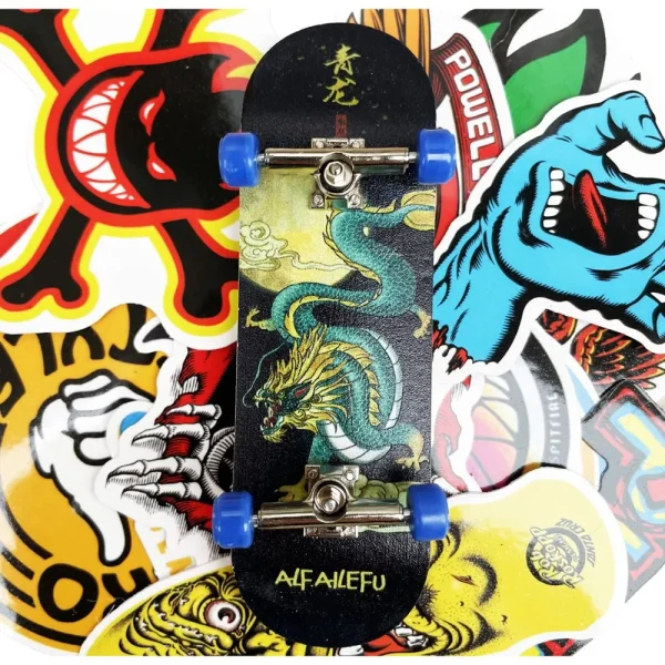 FINGER SKATE PROFESSIONALE dragon & skull deck in legno e 20 stickers skate