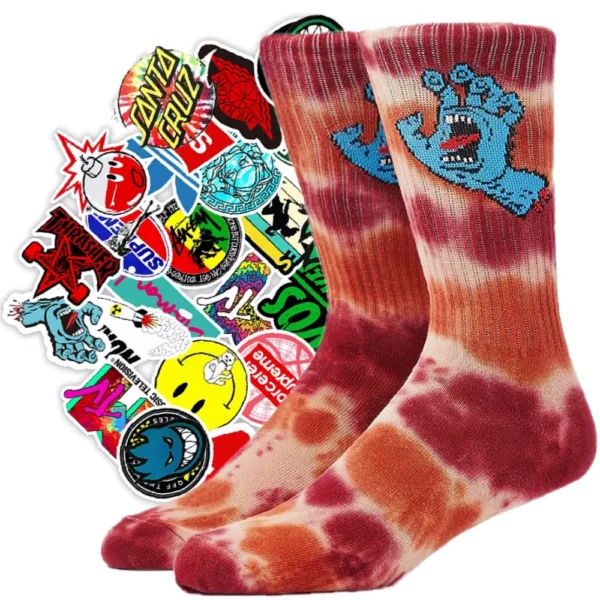 SANTA CRUZ CALZINI screaming hand tie dye red black & 20 stickers skateboard