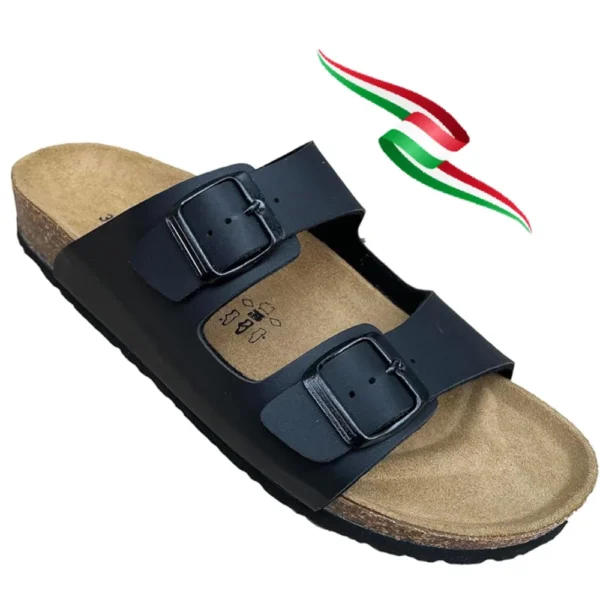 BIOMODEX Ciabatte sandali Donna PRINCESS ECOPelle doppia Fibbia e Sottopiede Anatomico - NERO