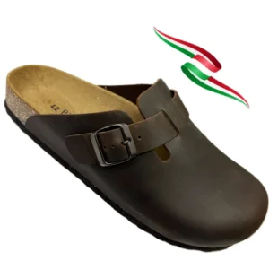 BIOMODEX Ciabatte Sabot unisex in Vera pelle ingrassata LEATHER con Fibbia e Sottopiede anatomico - marrone ingrassato