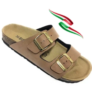 BIOMODEX Ciabatte sandali Donna PRINCESS ECOPelle doppia Fibbia e Sottopiede Anatomico BIRK - COGNAC