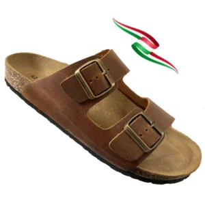 BIOMODEX Ciabatte sandali Uomo KING pelle ingrassata doppia Fibbia e Sottopiede Anatomico BIRK - CUOIO INGRASSATO