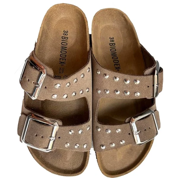 BIOMODEX CIABATTE ciabatte con borchie DONNA in vera pelle scamosciata DUCHESS doppia fibbia suola anatomica BIRK - TAUPE - immagine 2