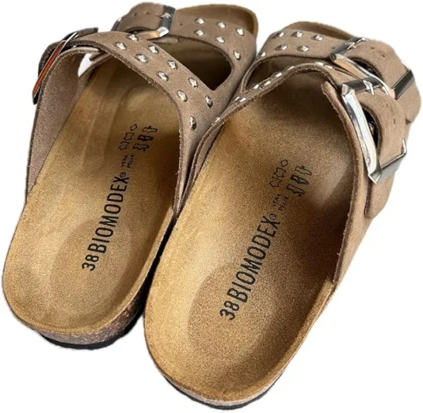 BIOMODEX CIABATTE ciabatte con borchie DONNA in vera pelle scamosciata DUCHESS doppia fibbia suola anatomica BIRK - TAUPE - immagine 5