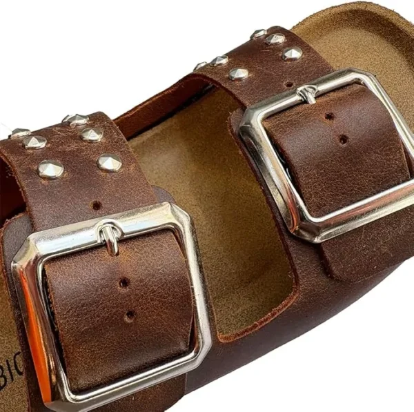 BIOMODEX CIABATTE ciabatte con borchie DONNA in vera pelle ingrassata BIGQUEEN doppia fibbia suola anatomica BIRK - CUOIO - immagine 6