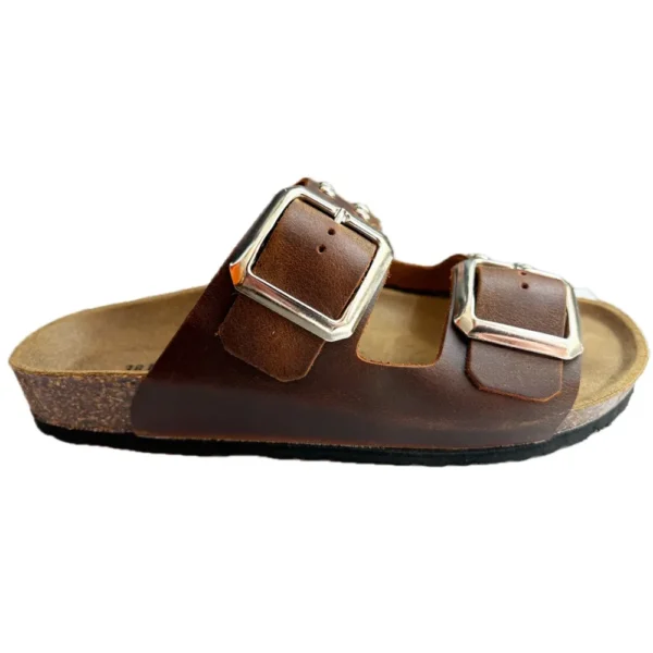 BIOMODEX CIABATTE ciabatte con borchie DONNA in vera pelle ingrassata BIGQUEEN doppia fibbia suola anatomica BIRK - CUOIO - immagine 4