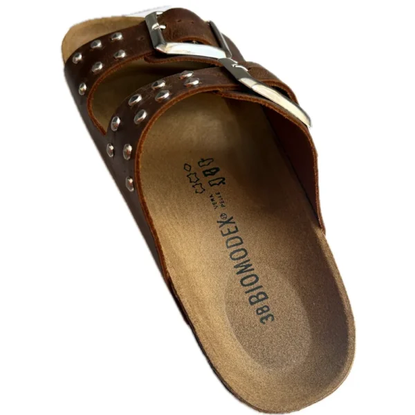 BIOMODEX CIABATTE ciabatte con borchie DONNA in vera pelle ingrassata BIGQUEEN doppia fibbia suola anatomica BIRK - CUOIO - immagine 5