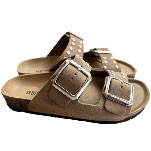 BIOMODEX CIABATTE ciabatte con borchie DONNA in vera pelle scamosciata DUCHESS doppia fibbia suola anatomica BIRK - TAUPE - immagine 3