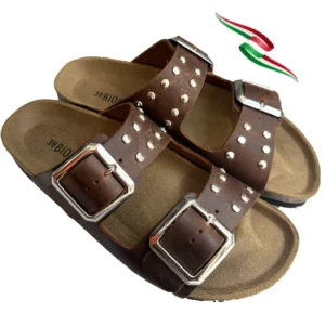 BIOMODEX CIABATTE ciabatte con borchie DONNA in vera pelle ingrassata BIGQUEEN doppia fibbia suola anatomica BIRK - CUOIO