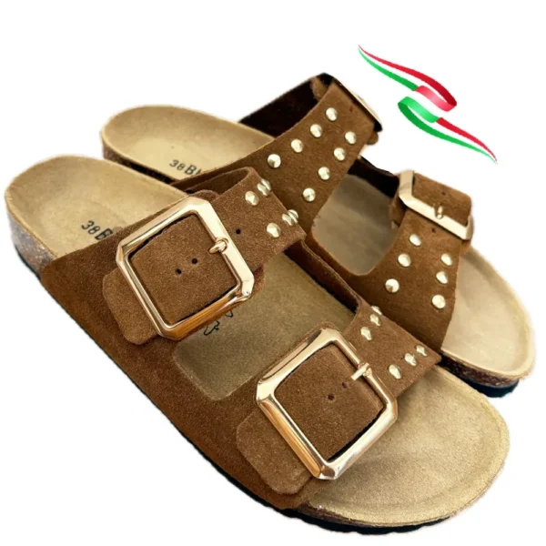 BIOMODEX CIABATTE ciabatte con borchie DONNA in vera pelle scamosciata DUCHESS doppia fibbia suola anatomica BIRK - CUOIO