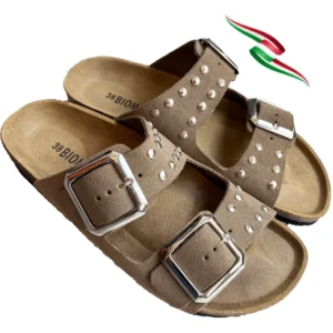 BIOMODEX CIABATTE ciabatte con borchie DONNA in vera pelle scamosciata DUCHESS doppia fibbia suola anatomica BIRK - TAUPE